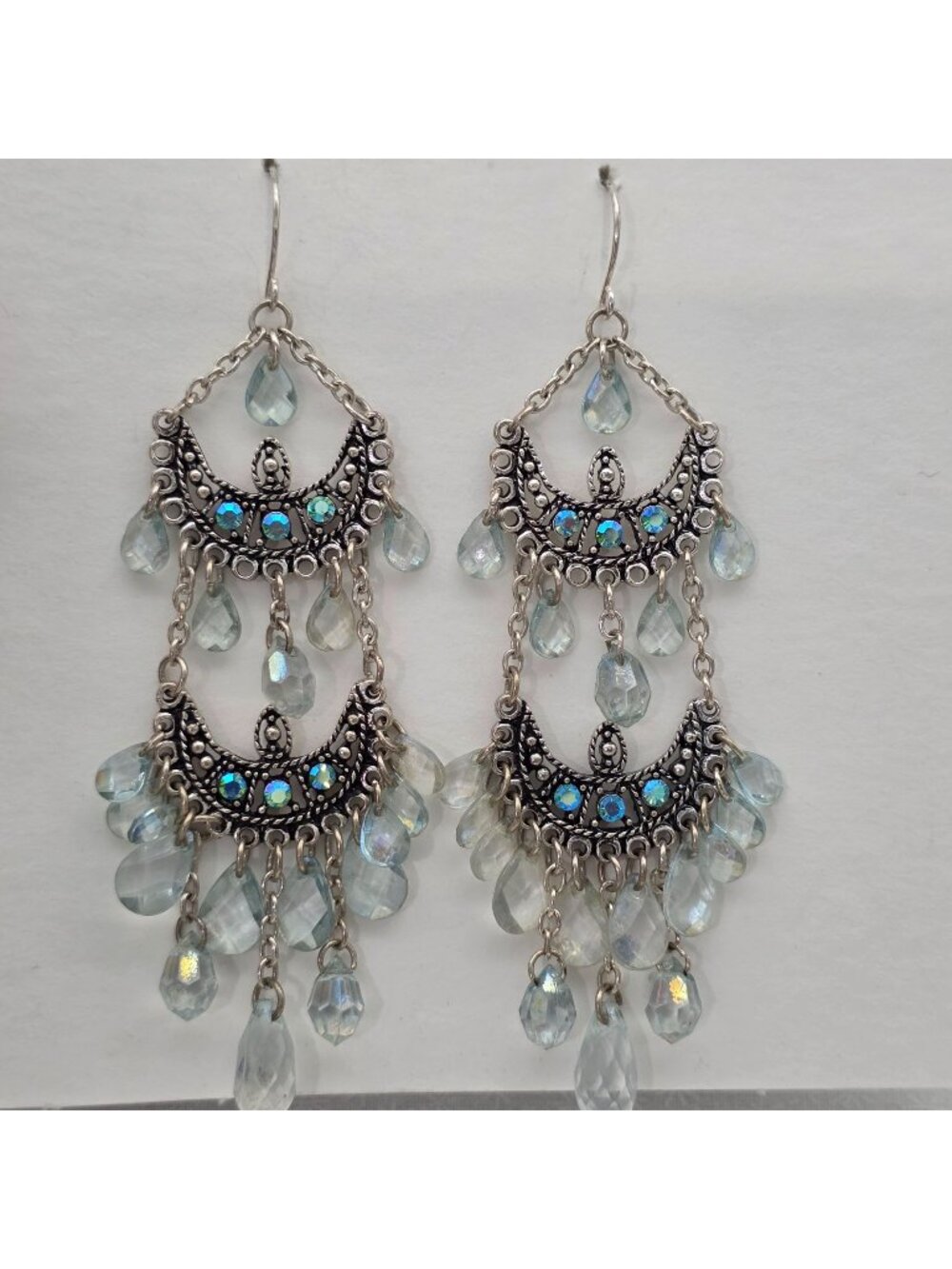 Boho Dangle Chandelier Earrings Blue Crystal Beads & Silver Toned Metal Accents